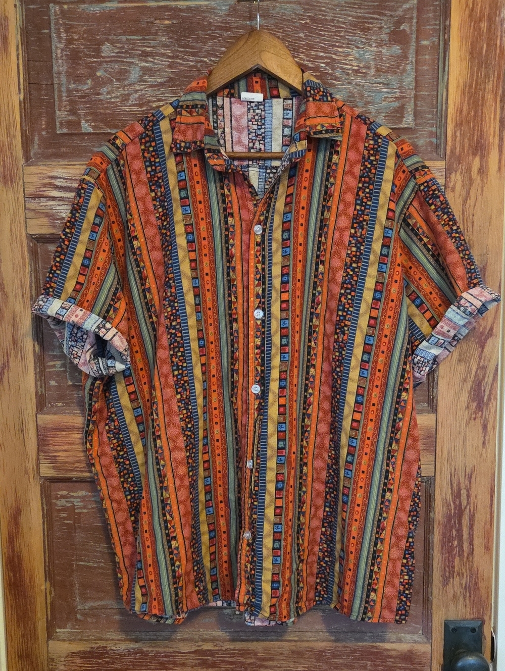 Funky Vintage Multi-Stripe Short-Sleeve Button-Down Shirt